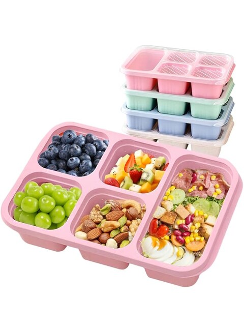 Azonee 4 Pcs Bento Box, 5 Compartment Bento Box with Transparent Lid for Food Storage and Snack Contain, Reusable Bento Lunch Box for School, Work, Travel, and On-the-Go Meals