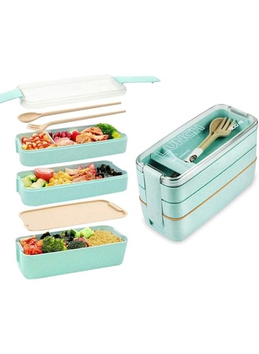 DELFINO Lunch Box, Bento Box 3-In-1 Compartment Wheat Straw Leakproof Eco-Friendly Bento Lunch Box Meal Prep Containers Lunch Solution Offers Durable Microwave Safe for Kids Adults, 900ml Green