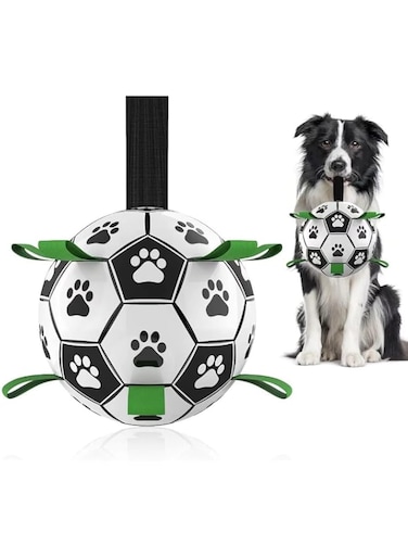 QDAN Dog Soccer Ball with Grab Tabs, Interactive Dog Toys for Tug of War, Dog Tug Toy, Dog Water Toy, Durable Dog Balls for Small &amp; Medium Dogs