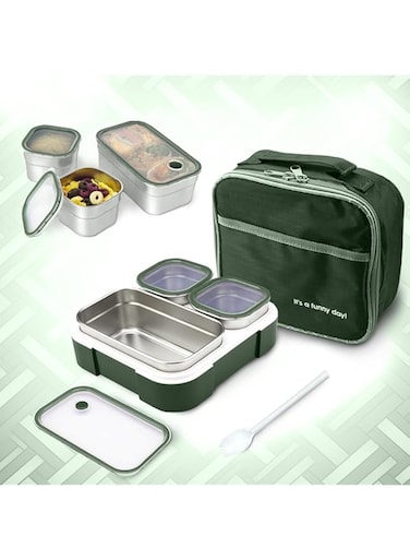 BPA 3 Compartment Stainless Steel Lunch Box- Kids Toddlers Adults Bento Box with Spoon &amp; Bag- Containers with Lids- Leakproof - BFA Free - Dishwasher Safe (720ml-Green)