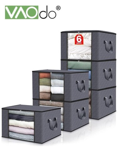 6 Pack Clothes Storage Foldable Blanket Storage Containers for Organizing Bedroom Closet Clothing Comforter Organization and Storage with Lids and Handle
