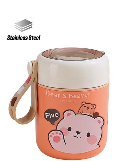 Bear Vacuum Insulated Food Jar- Leak-Proof Portable Food Bowl, Stainless Steel with Foldable Spoon, Kids Food Jar for School Office Picnic Travel (450ml) (Pink)