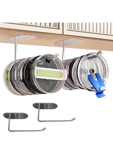 Tumbler Lid Organizer, 2PCS Cup Lid Organizer Tumbler Lid Holder Under Cabinet Lid Organizer Yeti Tumbler Lid Holder Stainless Tumbler Lid Hook Cup Lid Hook for Kitchen Inside Cabinet
