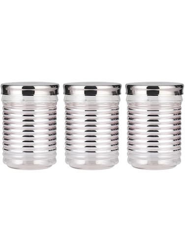 Royalford 2000 ML PET Container Set with Steel Cap- RF11713 Pack of 3,Storage Container with Silver Foil Print Transparent Container Cereals and Spices For Kitchen Organization with Leak-Proof Lid