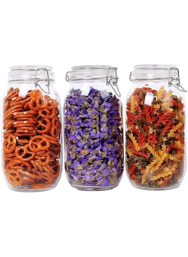 AKDC pot ComSaf Glass Storage Jars with Lids 1000ML Food Canisters Set of 3 - Airtight Clear Preserving Seal Wide Mouth Containers with Wire Clip Fastening for Kitchen Canning Cereal,Pasta,Sugar,Cof