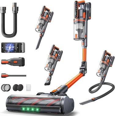 Cordless Vacuum Cleaner, 650W/55KPa/70Mins Stick Vacuum, Foldable design with 1m Hose, Auto Mode, Fragrance, LED, Wall-Mounted Charging,
