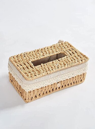 TASTE Handwoven Rattan Tissue Box Cover - Vintage Rectangular Napkin Holder For Home, Car, And Office Decor (Beige)