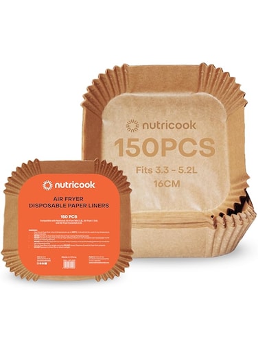 Nutricook 150 Pieces Disposable Air Fryer Liner, Water/oil proof for Baking, Roasting, and Air Frying Fits any brand from 3.3L to 5.2L Air fryers,16cm Square, NC-AFL100