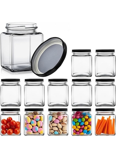 Square Glass Jar with Black Airtight Lids, Kitchen Food Storage Containers 6oz/180ml Small Glass Canisters Jars for Jam, Spices, Honey, Jelly, Pudding, Dessert, Herbs Storage (Pack of 12)