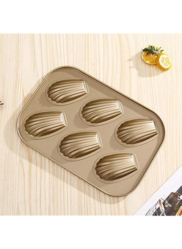 Zollyss Stainless Steel Cake Mould Muffin 6-Cavity Madeleines Cake Baking Pans Tray Shell Shaped Mold Nonstick-1Pc,Gold