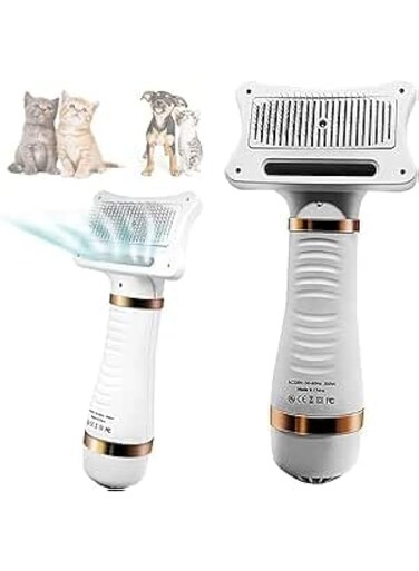 Pet Hair Dryer, 2 in 1 Pet Grooming Hair Dryer with Slicker Brush, Home Dog Cat Hair Dryer with Adjustable 3 Temperatures Settings for Small Medium Large Cats Dogs Shower Bath Accessories