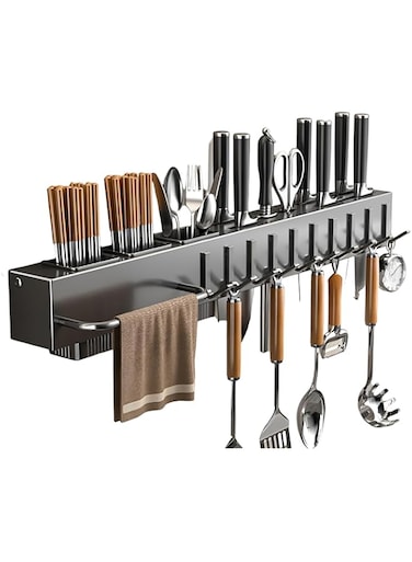 JANNAH Kitchen Knife Rack Heavy-Duty Metal No Drilling Wall Mounted Kitchen Cutlery Organizer With 10Hooks Towel Holder And Utensil Holders (STYLE-A)