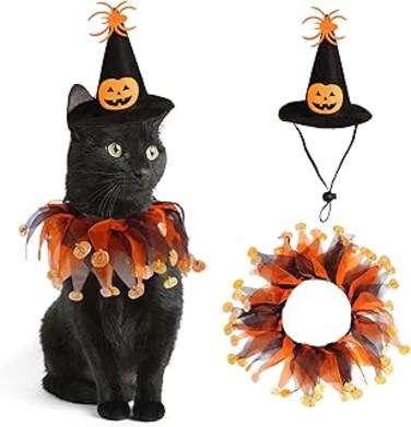 Cat Witch Costume Suit for Halloween Party Decoration, Small Dogs &amp; Cats Tutu Collar and Witch Pumpkin Hat Cute Costume Suit Kitten Outfit Clothing for Birthday Party Thanksgiving Halloween Holiday