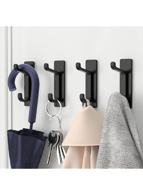 Self Adhesive Hooks, Extra Sticky and Strong, Hanging up to 6KG, Heavy Duty Stick on, No-Nail Hook for Back of Door, Black, 4 Pack