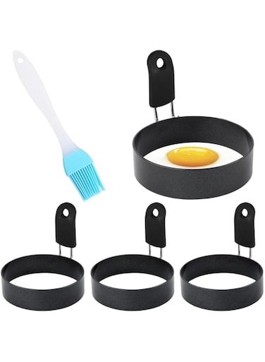 HOOTO 4PCS Egg Rings with Silicone Handle, Stainless Steel Egg Cooking Rings, Nonstick, Round Mold Shaper For Frying Eggs and Egg Mcmuffins, Egg Mold For Breakfast 7.5cm with Brush