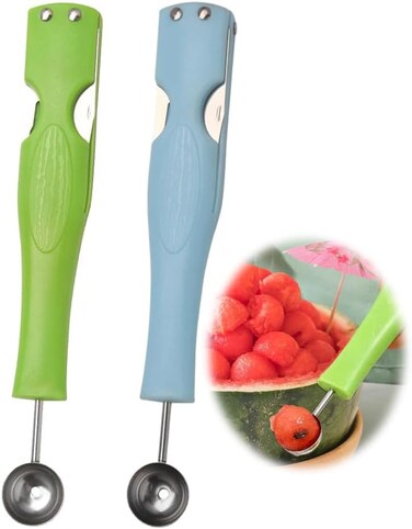 Watermelon Fork Slicer Cutter, Stainless Steel Tool for Camping Kitchen Gadgets, Fruit Cutting Fork (Blue+Green)