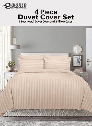 Premium Striped Duvet Set All Season &acirc;&euro;&ldquo; 4-Pieces Set Cream   King Size 220x240 cm   Ultra-Soft, Wrinkle-Resistant &amp; Made in Dubai   Includes Duvet Cover, Fitted Sheet (200x200 cm) &amp; 2 Pillowcases (50x70 cm)