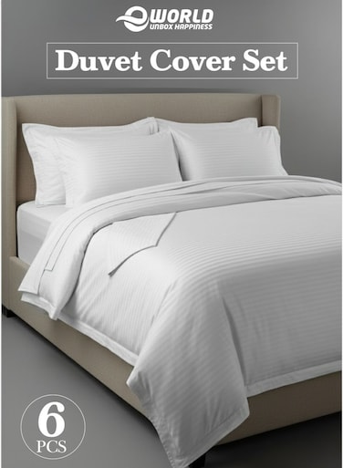 Premium Striped Duvet Set All Season &acirc;&euro;&ldquo; 6-Pieces set White   King Size 220x240 cm   Ultra-Soft, Wrinkle-Resistant &amp; Made in Dubai   Includes Duvet Cover, Fitted Sheet ( 200x200 cm ) &amp; 4 Pillow Covers&Acirc;&nbsp;(&Acirc;&nbsp;50x70&Acirc;&nbsp;cm&Acirc;&nbsp;)