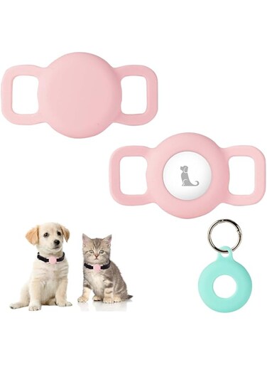 PuppyDoggy 2 Pack Airtag Dog Collar Holder for Dog Cat Tracker, Silicone Airtag Case Waterproof Scratch-Resistant, Anti-lost &amp; 1 Pack AirTag Keychain Holder for Dog Cat Collar, Bag (Small, Pink)