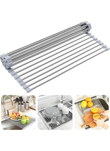 The Sink Dish Drying Rack, Roll up Sink Dish Drainer Rack Multipurpose Foldable Kitchen Stainless Steel Dish Rack Sink Drying Rack (17.7&acirc;&euro; x 11.8&acirc;&euro;)