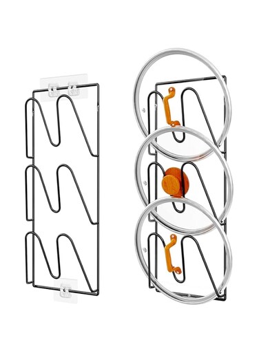TERRIFI 2 Pack Pot Lid Organizer Rack, 6-Tier Holder for Pot Lids, No Drilling Adhesive Wall, Rustproof Pot and Pan Cover Organizer for Kitchen, Classic Black