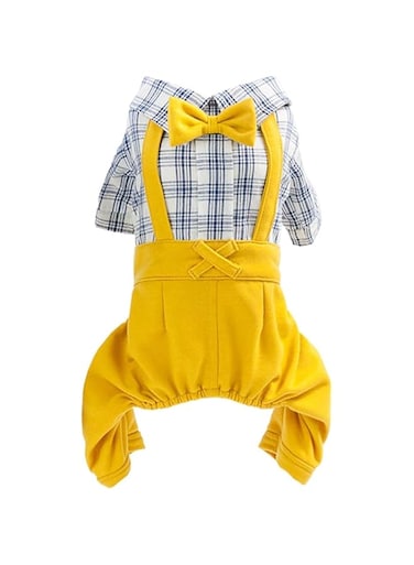 Dog Shirt Clothes Plaid Shirt Bow Tie 4 Legs Casual Shirt Overall Cool Summer Spring Autumn Vest for Small Dog Puppy Cat (Yellow, M)