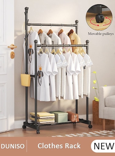 Double pole Clothes Rack Clothing Drying Rack, Home Clothing Rack with Storage Shelf and foot pad for Hanging Clothes Coats Skirts Shirts Sweaters Small Metal Pipe Stand Coat Racks on Wheels with 2 Tier Shelves