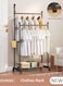Double pole Clothes Rack Clothing Drying Rack, Home Clothing Rack with Storage Shelf and foot pad for Hanging Clothes Coats Skirts Shirts Sweaters Small Metal Pipe Stand Coat Racks on Wheels with 2 Tier Shelves