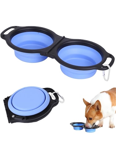 Bolivia's Collapsible Dog Bowls, 2 in 1 Portable Cat Feeder Dish with Carabiner, Expandable Silicone Pet Food &amp; Water Double Bowl, Travel Pet Feeder Bowl for Walking, Traveling, Hiking, Camping