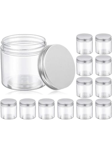 FUFU 12 Pieces 5 Oz Plastic Jars with Lids, Clear Jar Clear Storage Containers Refillable Cosmetic Jars Kitchen Storage Jars with Lids for Cosmetics Food Seasonings (Silver Lid,6.5 x 6.5 x 6.5 cm)