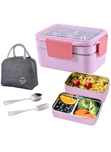 Lunch Box 2 Tier Stainless Steel Bento Lunch Box with 3 Compartments and Cutlery (Spoon &amp; Fork) for Kids and Adults Leakproof Allow Dishwasher 1000ml (Pink)