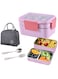 Lunch Box 2 Tier Stainless Steel Bento Lunch Box with 3 Compartments and Cutlery (Spoon &amp; Fork) for Kids and Adults Leakproof Allow Dishwasher 1000ml (Pink)