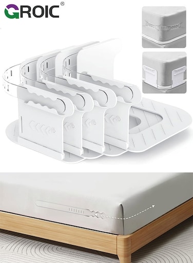 4Pcs Lock Sheet Holders Set, Bed Sheet Holder, Fitted Sheet Straps Keep Sheets Firm &amp; Tight, Bed Sheet Holders for Corners Fit All Mattress Size (White)
