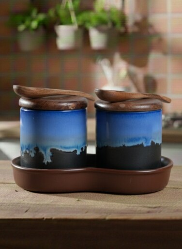 And Twine Dark Blue Ombre Ceramic Spice Jar with Tray Set of 2