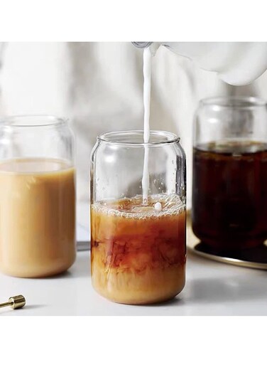 Glass Cups with Bamboo Lids and Glass Straws 16oz Drinking Glasses Can Shaped Glass Cups Beer Glasses Iced Coffee Glasses Ideal for Soda Wine Cocktail Cleaning Brushes (2 Piece)