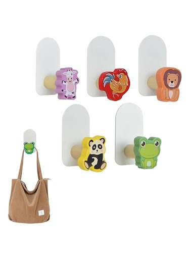 Azonee Kids Coat Hooks, 5 Pcs Self-Adhesive Cartoon Hook, Utility Wall Mounted Wooden Coat Hooks, Cute Creative Animal Shape Wooden Hooks for Kids Room Nursery Bedroom