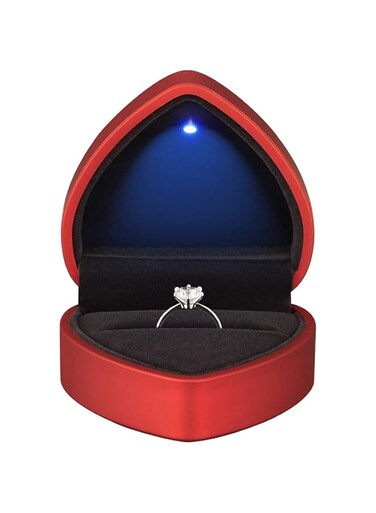 Heart Shaped Ring Gift Box with LED Light, Velvet Earring Jewelry Box with Light, Jewelry Display Box for Wedding, Engagement, Proposal, Birthday and Anniversary (Red)