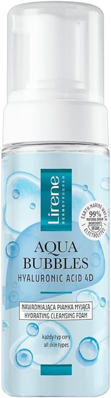 Lirene Aqua Bubbles Hyaluronic Acid 4D Hydrating Cleansing Foam, For All Skin Types, 99% Natural Origin Ingredients, 150ml