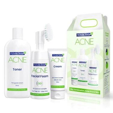 Novaclear Acne Kit With Acne Facial Foam 100ml + Acne Toner 150ml + Acne Cream For Oily, Combination &amp; Acne-Prone Skin 40ml
