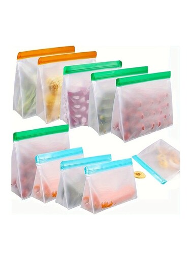 Reusable Gallon Food Storage Bags - 10 Pack Reusable Gallon Freezer Bags, Extra Thick Leakproof Silicone &amp; Plastic Free Reusable Lunch Bag for Marinate Meats, Sandwich, Snack, Travel