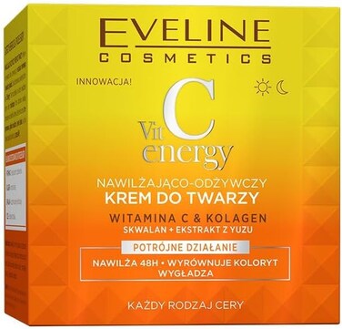 Eveline Cosmetics Vitamin C Moisturizing &amp; Nourishing Face Cream, 50ml, Vitamin C &amp; Collagen, Squalane, Yuzu Extract, Triple Action, Evens Skin Tone, Smooths, All Skin Types