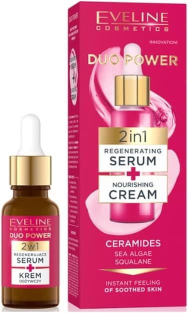 Eveline Cosmetics Duo Power 2 In 1 Regenerating Serum + Nourishing Cream, 18ml, Improvement Skin Firmness &amp; Elasticity, Reduce Dryness &amp; Roughness