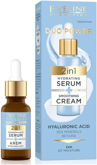 Eveline Cosmetics Duo Power 2 In 1 Hydrating Serum + Smoothing Cream, 18ml, With Hyaluronic Acid, Sea Minerals Betaine, 24 Hours Of Moisture