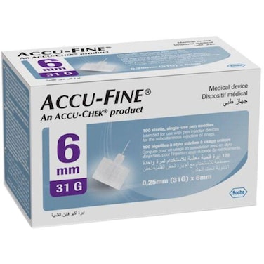 إبرة قلم Accucheck Accu-Fine للاستخدام مرة واحدة، مقاس 31G × 6 مم، عبوة من 100 إبرة