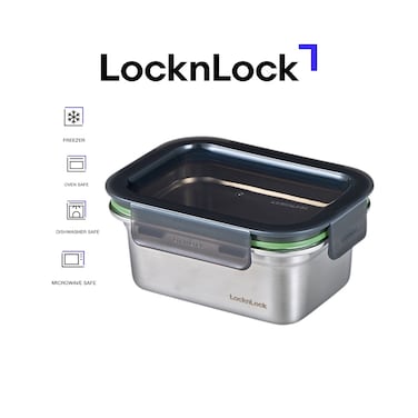 LocknLock Stainless Steel Stackable Food Container Rectangle 500ml &ndash; Four-Side Locking Lid, Durable &amp; Leakproof, Oven &amp; Freezer Safe
