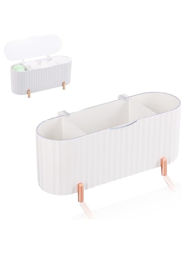 Duomama White Makeup Organizer with 3 Grids, Cotton Swab Dispenser, and Storage Jar - Bathroom Vanity Canisters for Cotton Balls and Pads