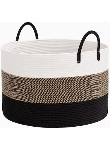 HiChen Large Woven Rope Basket With Handles, Blanket Basket Living Room, Baby Toy Nursery Storage Basket, Large Round Laundry Basket, 21.7 x 13.8 inches, 83L