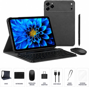 M48 Android 15 Tablet 10.1-Inch HD Display, 12GB RAM + 512GB ROM, 10000mAh Battery, Dual SIM, 8MP Front Camera, 20MP Rear Camera, Complete Productivity Bundle &ndash; Keyboard, Mouse, Stylus &amp; Case-Grey