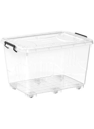 Cosmoplast 132L Clear Plastic Storage Box With Wheels &amp; Lockable Lid, Transparent