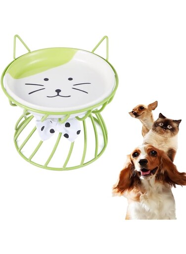 Khazna Cat Food Dishes, Elevated Cat Food Bowl with Non Slip Metal Stand, Raised Pet Food and Water Bowl, Cat and Small Dog Bowl, Tilted Ceramic Cat Water Bowl, Dishwasher Safe (Green)